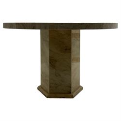 Classical design marble dining or centre table, circular top raised on hexagonal pedestal base