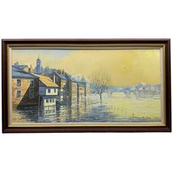 Alan Stuttle (British 1939-): 'York Floods 2007' View over Ouse towards Skeldergate Bridge with Magistrates Court, oil on canvas signed 49cm x 98cm