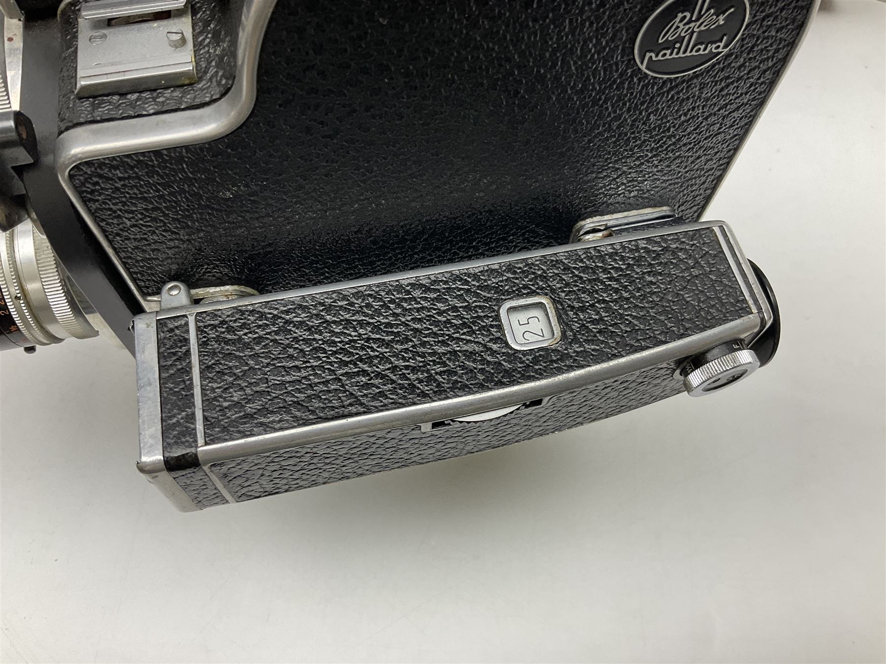 Paillard Bolex H8 RX4 cine camera body with turret for interchangeable lenses, serial no. 216071, with 'Macro Switar H8RX f1.4 36mm' lens, serial no.863406, 'Macro Switar H8RX f1.3 12.5mm' lens, serial no. 865770, 'Switar H8RX f1.6 5.5mm' lens, serial no. 937691 and RX fader, in fitted leather case