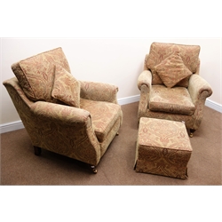  Two seat sofa upholstered in beige floral patterned chenille fabric, turned supports, brass castors (W155cm) a pair matching armchairs (W84cm) and storage footstool (3)  