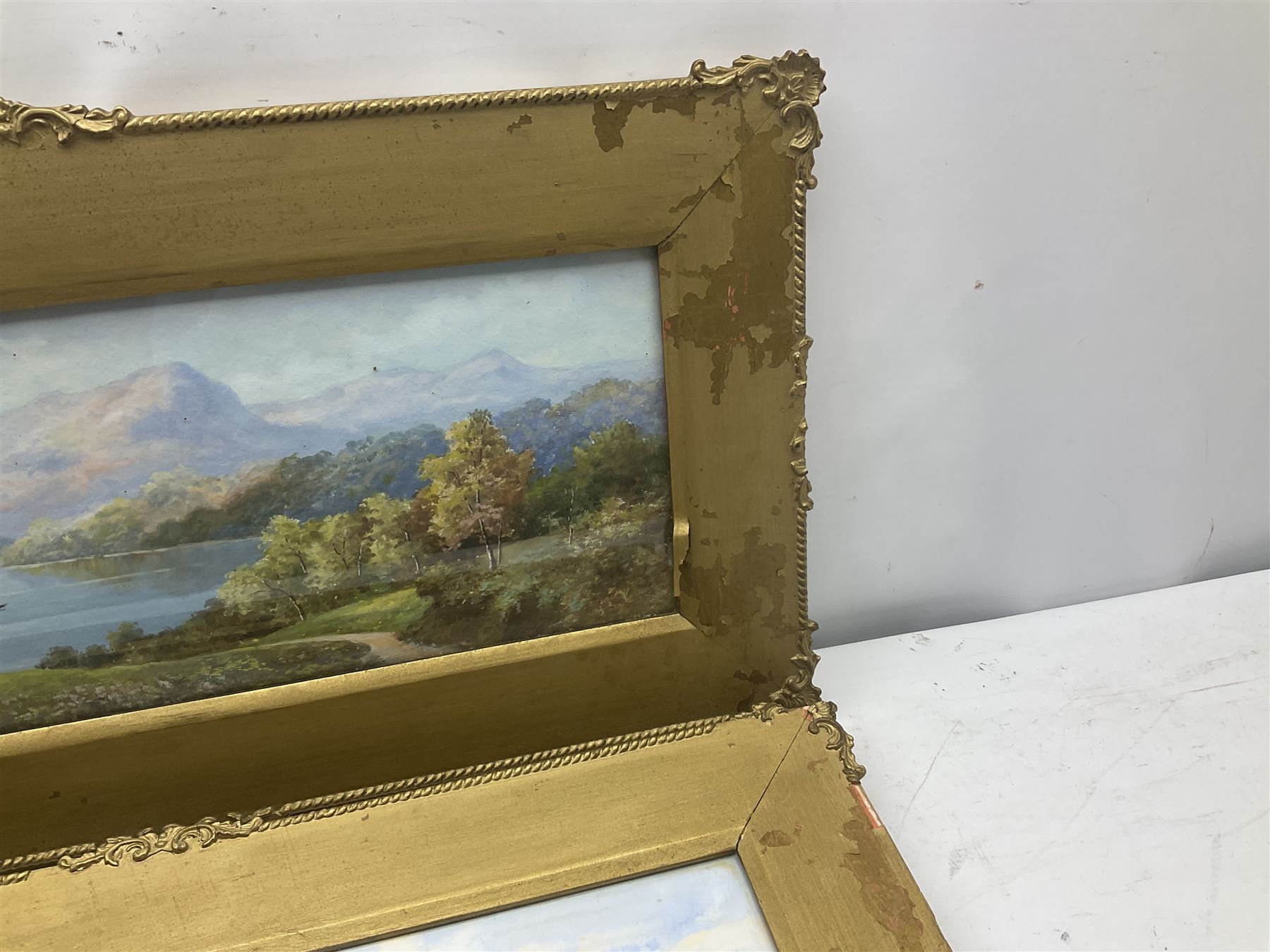 J Rogers (British 19th/20th century): Lake Scene and Coastal Scene, pair watercolours signed 20cm x 53cm (2)