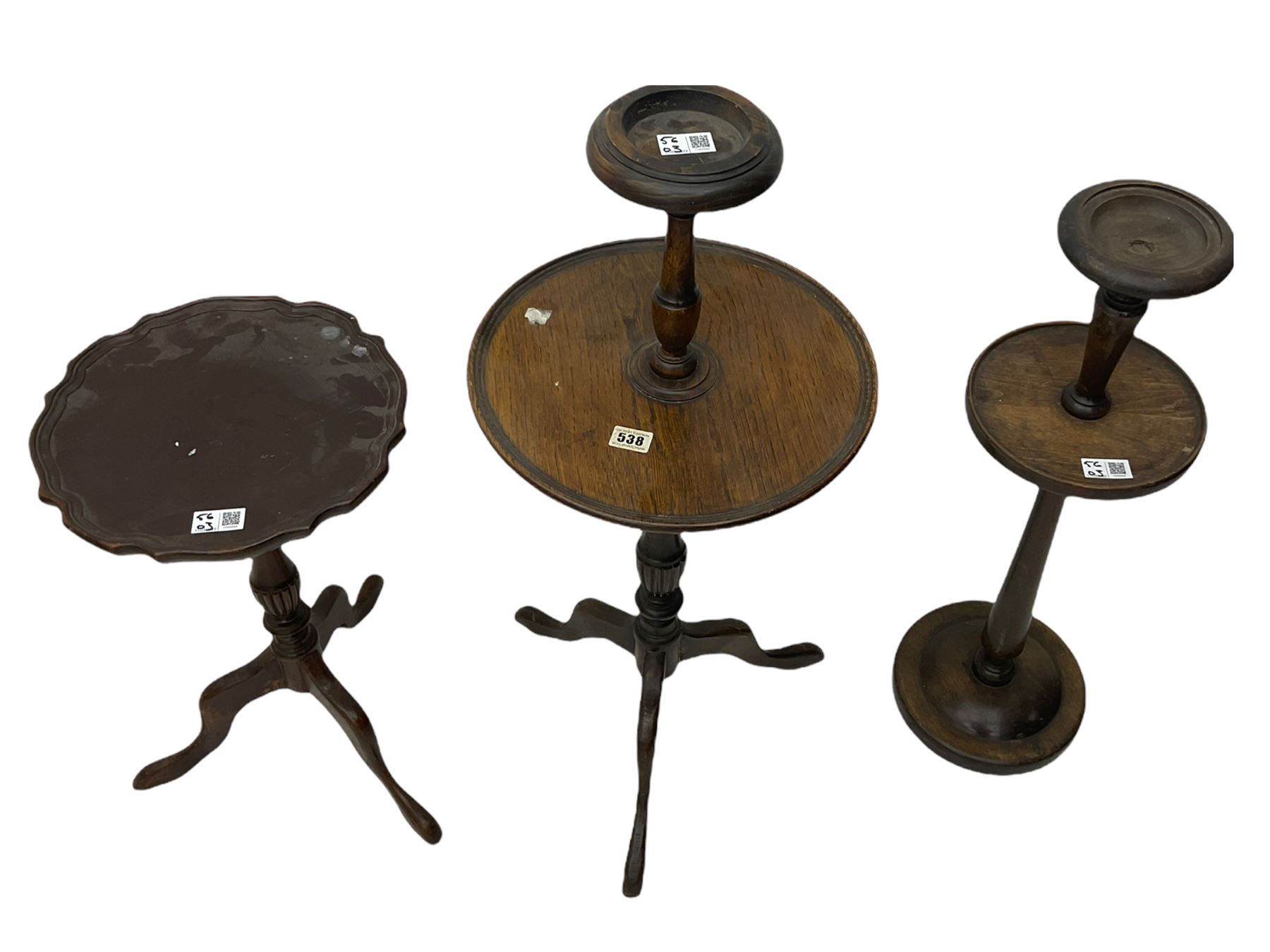 Edwardian mahogany plant stand, mahogany plant stand, two smokers stands, mahogany centre table, side table with drawer, hardwood folding chair, Edwardian mirror glazed corner cabinet and an occasional table (9)