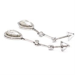 Platinum diamond modernist pendant stud earrings, set with a single rose pear cut diamond of approx 1.00 and 1.20 carat each, suspending from two milgrain set old cut diamonds, to screw back settings, total diamond weight approx 2.40 carat