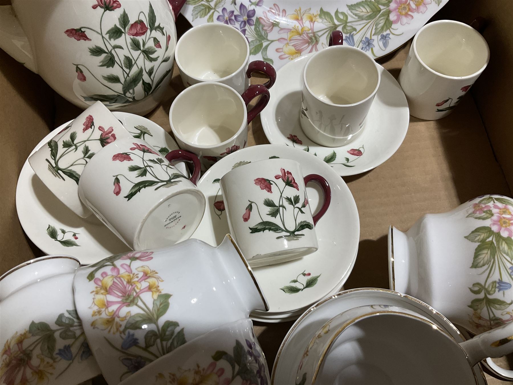 Paragon tea wares decorated in the 'Country Lane' pattern, Plant Tuscan tea set for nine, the pink ground with flower and gilt decoration, Wedgwood 'Mayfield' coffee wares etc in two boxes
