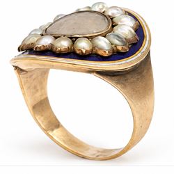 George III gold and enamel hairwork mourning ring, the glazed central woven hair panel surrounded by fifteen pearls, to a blue and white enamel ground, the reverse inscribed 'Sarah Johanna Holt, Obt. 11th July, 1796, AE:40', boxed
