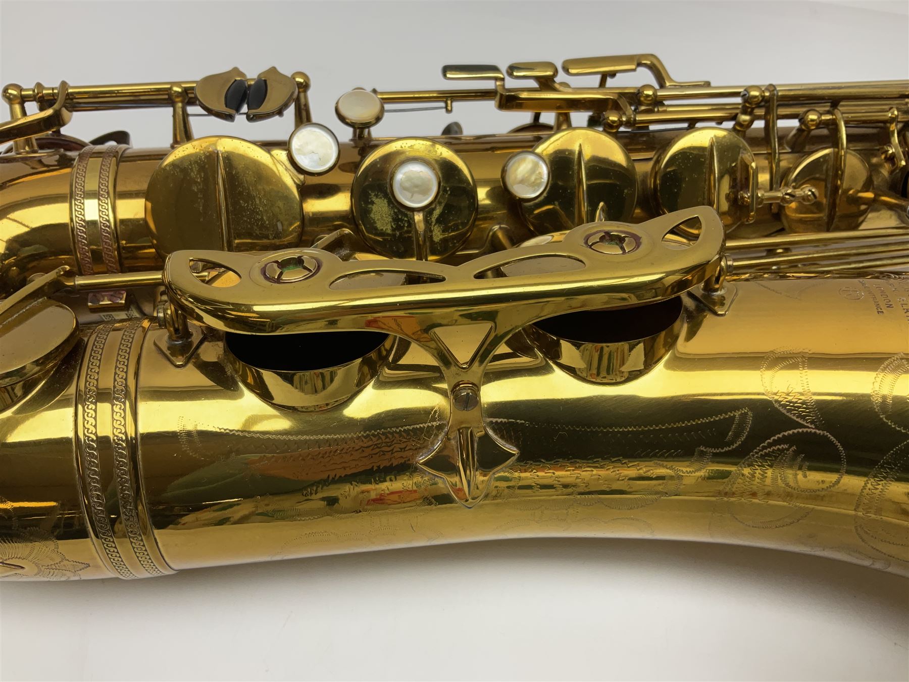Mid-20th century French Henri Selmer Mark VI tenor saxophone, serial no.M.70644 for 1957, various French, English and American patent numbers, crudely stamped J.A.Brown twice to thumb rest; in fitted hard case with crook and other accessories including two Berg Larsen mouthpieces, reed cutter etc