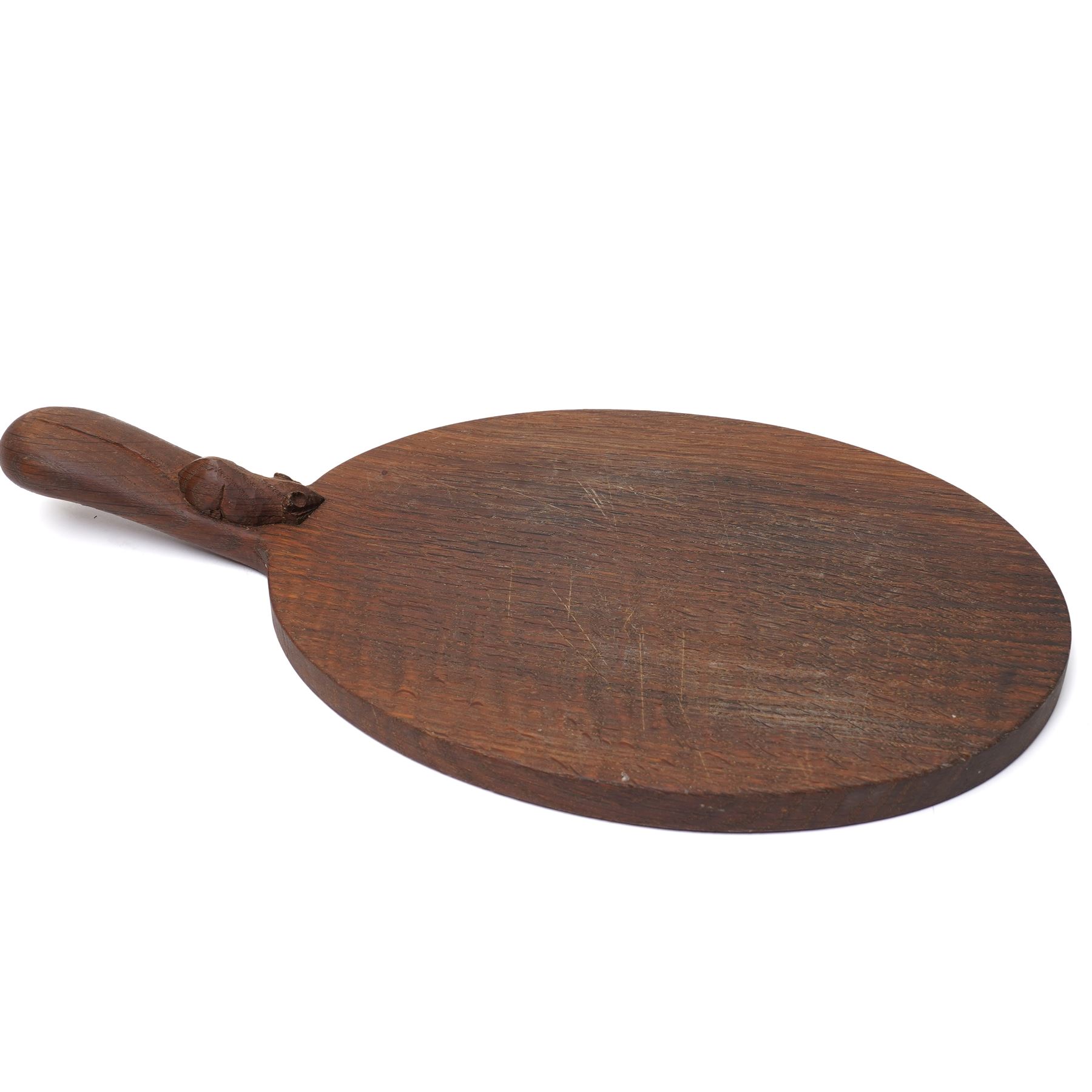 Mouseman - Oval cheeseboard with carved mouse signature by the workshop of Robert Thompson, Kilburn