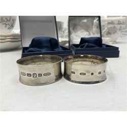 Two silver napkin rings, hallmarked, a set of cased fish servers and Royal Albert Silver Maple pattern part tea service 
