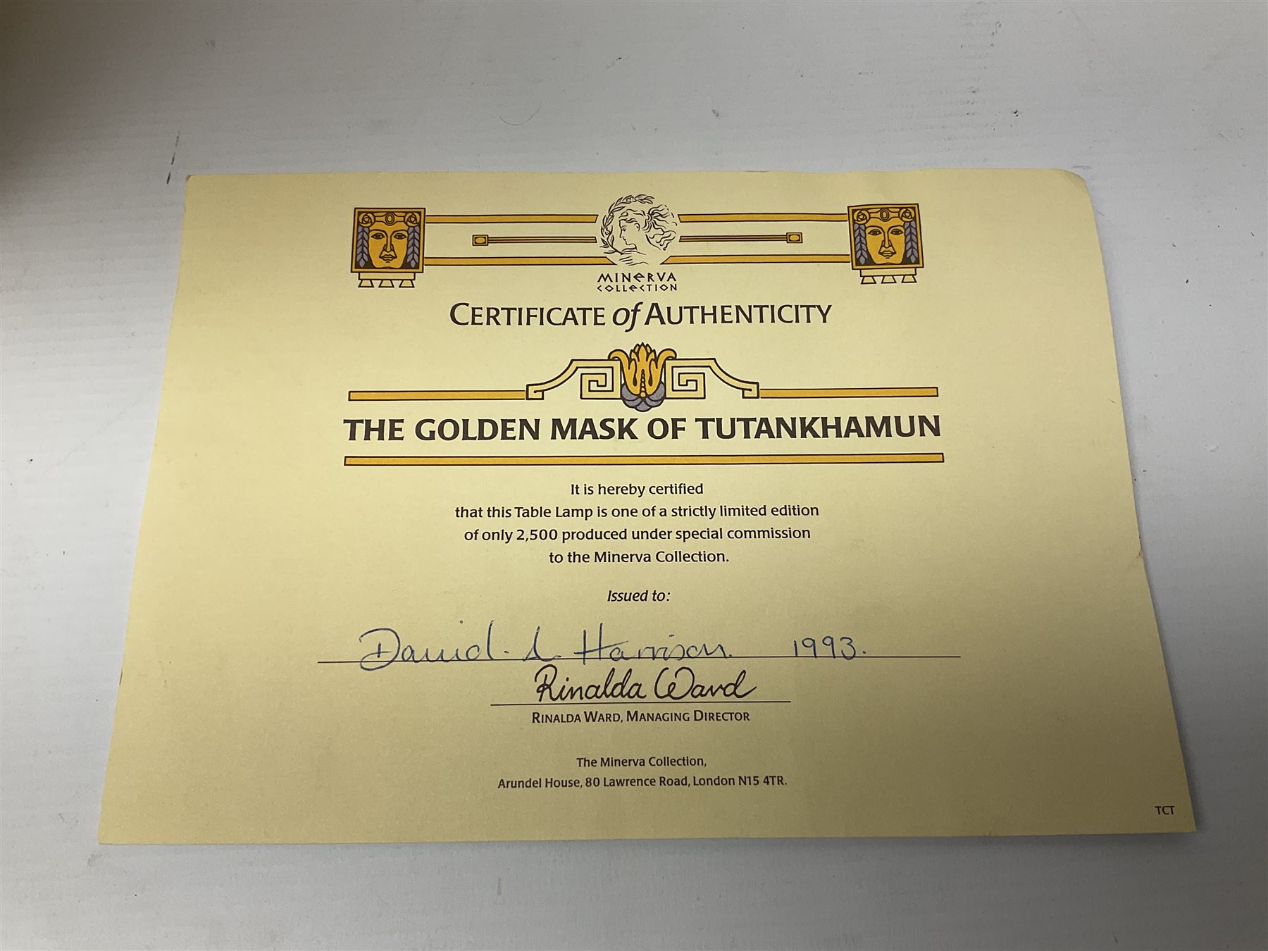 Minerva Collection The Golden Mask of Tutankhamun limited edition lamp: with certificate and shade, H46cm