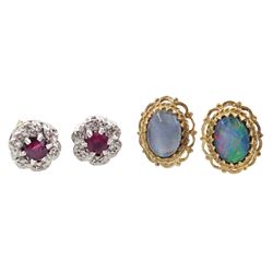 Pair of gold ruby and diamond cluster stud earrings and a pair of opal triplet stud earrings, both 9ct