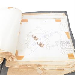 Wood & Sons Ltd Burslem pattern book, late 20th century, designs in colour and black and white, all mounted onto square leaves, leaves annotated with decorating notes, some cancellations noted boldly over the design, collected as one in a ring binder, factory labels to upper-cover, folio 44.5 x 36cm