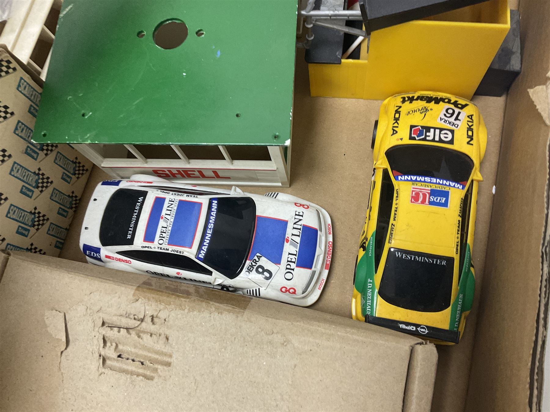 Scalextric - large collection of cars, track accessories and figures, in four boxes 
