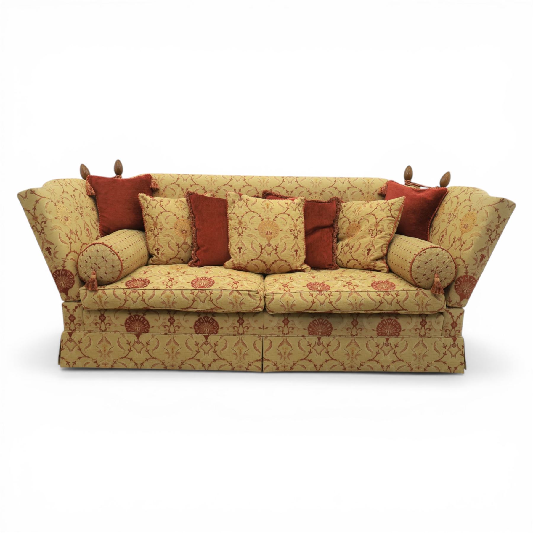 David Grundy - Grande Knoll style drop-arm settee in patterned fabric with nine associated scatter and bolster cushions