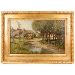 Frederick William Jackson (Staithes Group 1859-1918): 'Farm near Runswick Bay', oil on canvas signed, titled on plaque 45cm x 73cm 
Provenance: exh. Walker Galleries, Harrogate, label verso