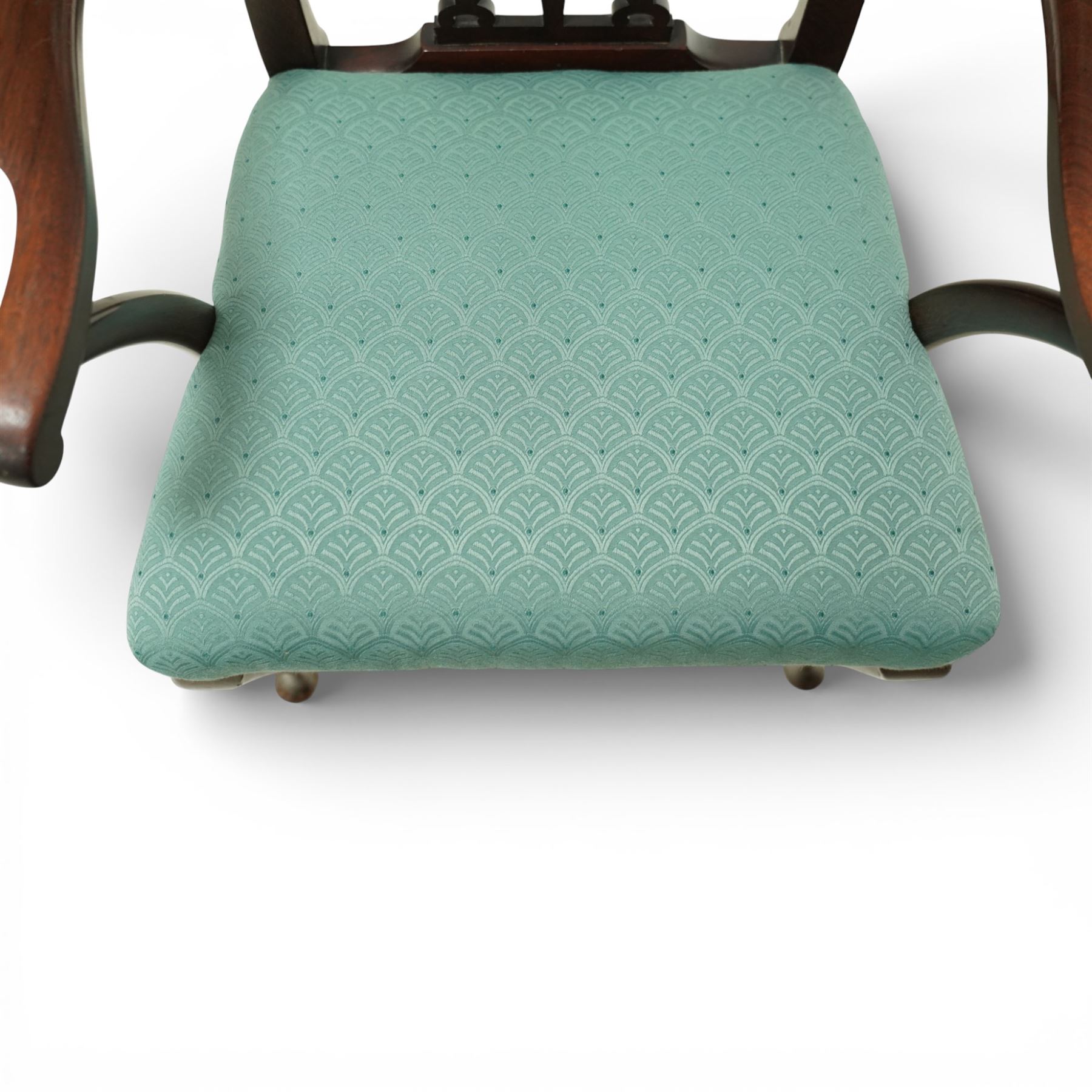 Georgian design mahogany elbow chair, the shaped top rail over a pierced vase shaped splat, swept open arms on square supports, upholstered drop-in seat, raised on cabriole legs terminating in pad feet