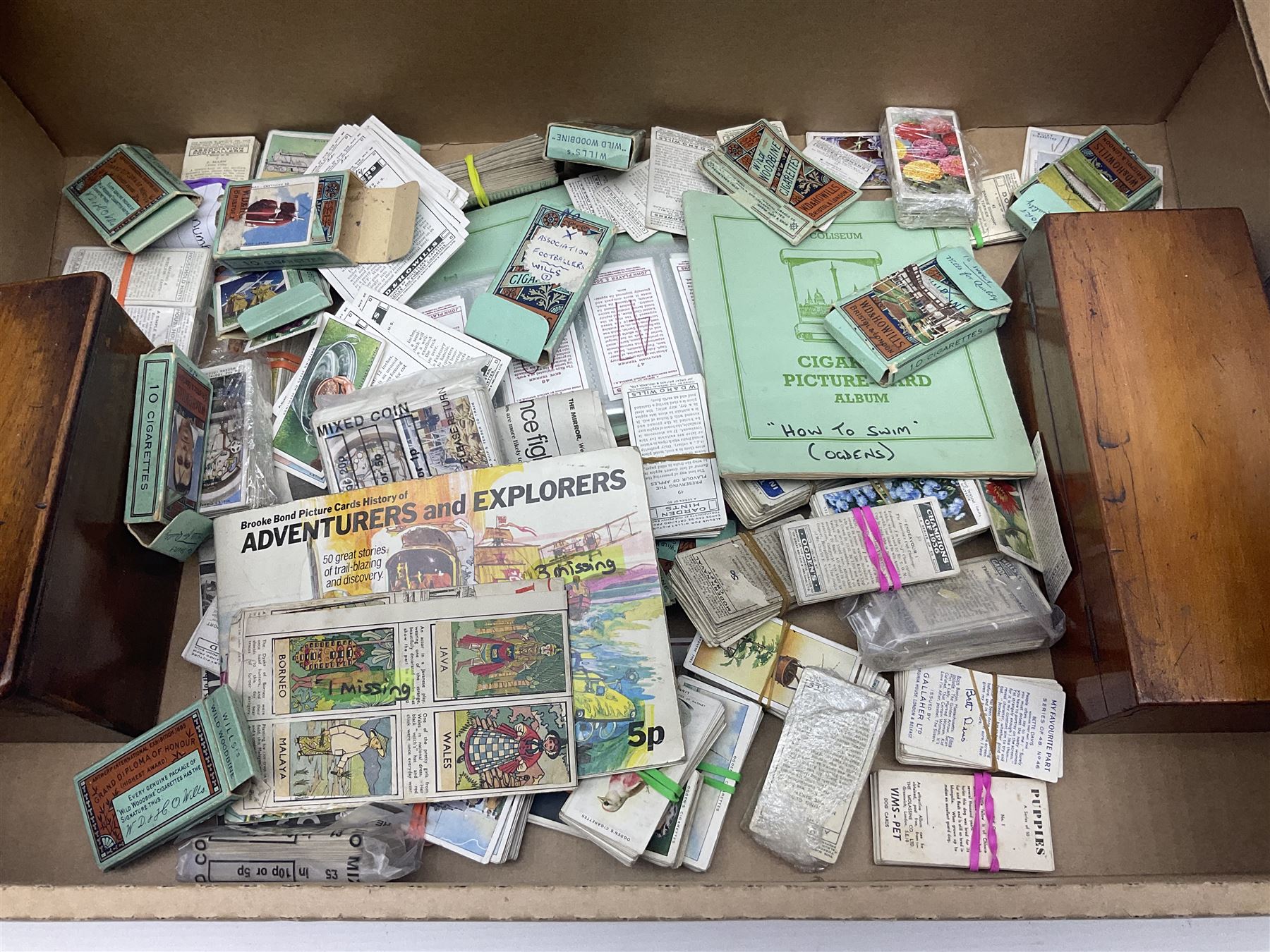 Floral tapestry in a mahogany frame, large collection of cigarette cards, framed tapestry, small microscope and a wooden correspondence box, frame H66cm