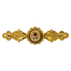 Victorian gold garnet and diamond brooch, stamped 15ct, boxed