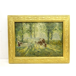  Attrib. John Arnesby Alfred Brown (British 1866-1956): Cattle Grazing in Woodland, oil on canvas unsigned 39cm x 54cm Notes: almost identical composition, but different palette from a larger example sold by Dorotheum Vienna 2nd June 2005 Lot 208  DDS - Artist's resale rights may apply to this lot    