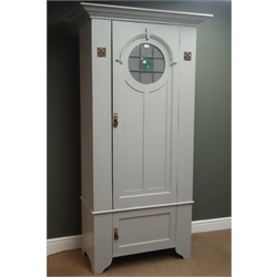  Edwardian painted single wardrobe, projecting cornice above single panelled and circular lead glazed door, single drawer to base, W103cm, H199cm, D53cm  