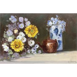Gordon Clifford Barlow (British 1913-2005): Still Life of a Copper Kettle and Flowers, oil...