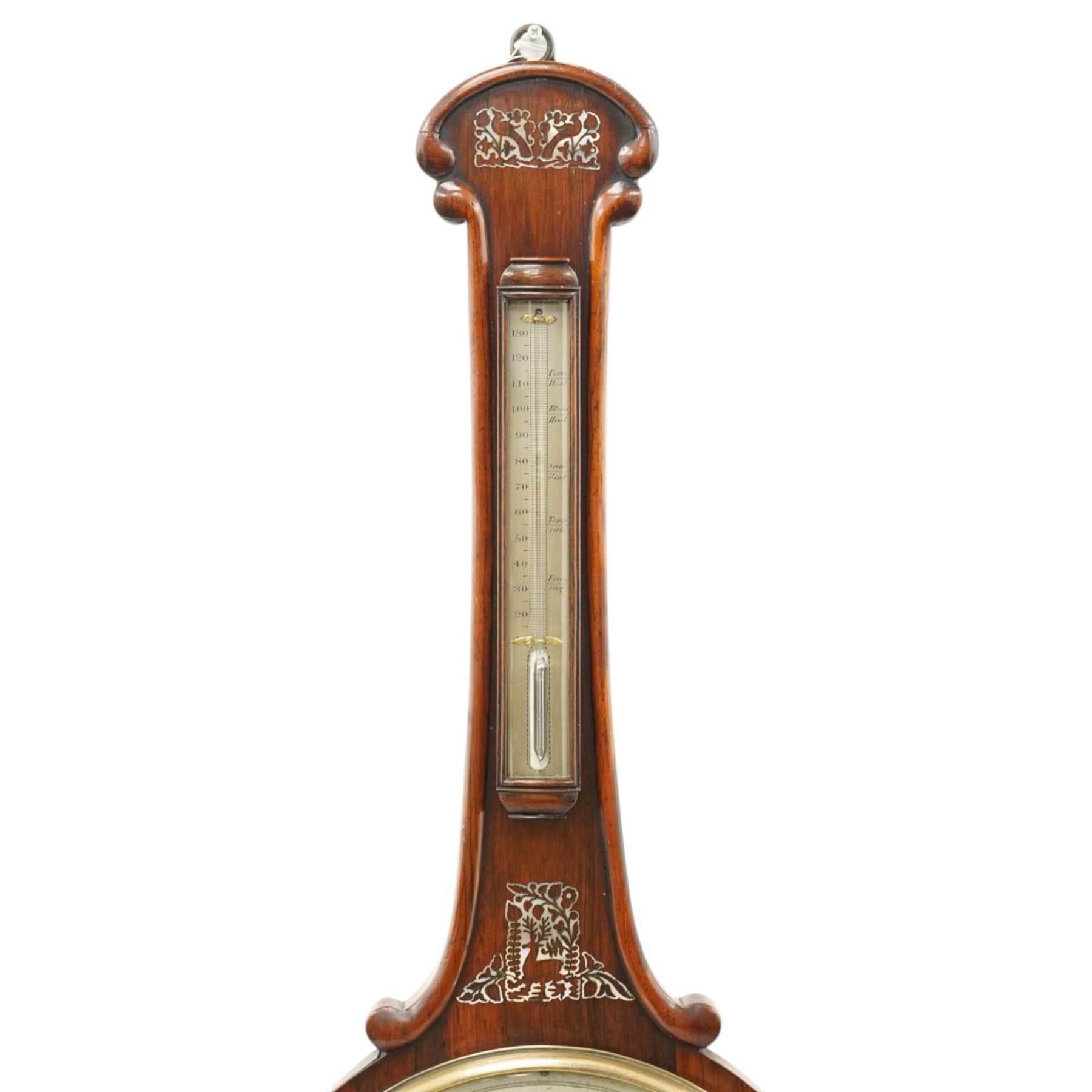 J. Somalvico & Co., Hatton Garden, London - early 19th century rosewood wheel barometer, the shaped banjo-form case inlaid in mother-of-pearl with foliate and animal motifs, incorporating a mercury thermometer above the circular silvered dial with weather indications, globe motif and brass bezel, signed 'J. Somalvico & Co.'