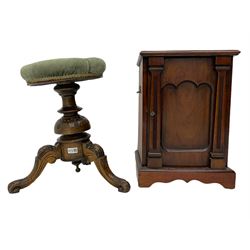 Late 19th century walnut fall front coal box, and a revolving piano stool