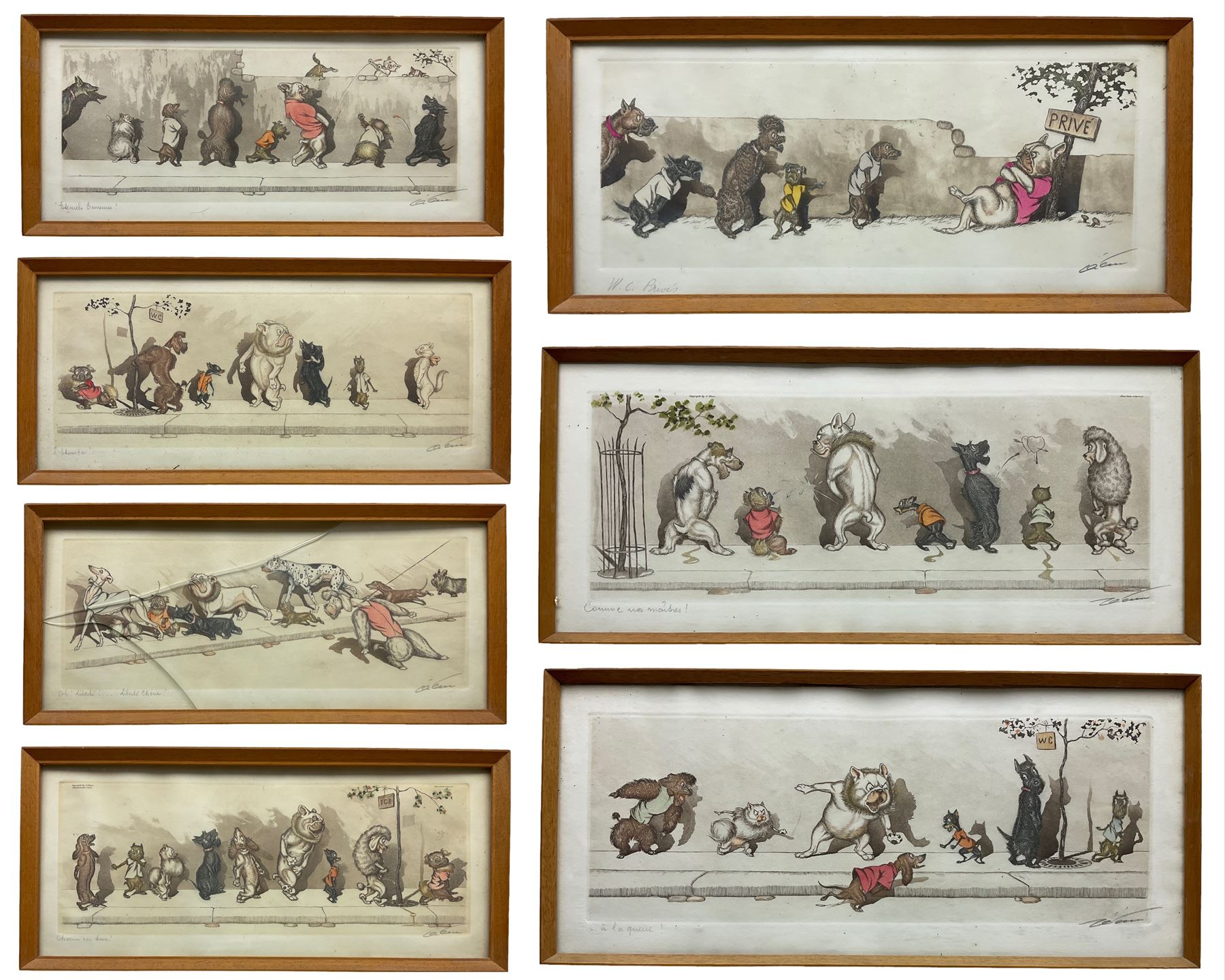 Arthur 'Boris' Klein (French  1893-1985): 'L' Etourdie' 'Sus au Curieux' 'Chacun Son Tour' 'Comme Nos Maitres' 'A La Queue' 'W.C. Prive' and 'O' Liberte', seven etchings with hand colouring signed and titled in pencil from the 'Dirty Dogs of Paris' series 16cm x 44cm (7)