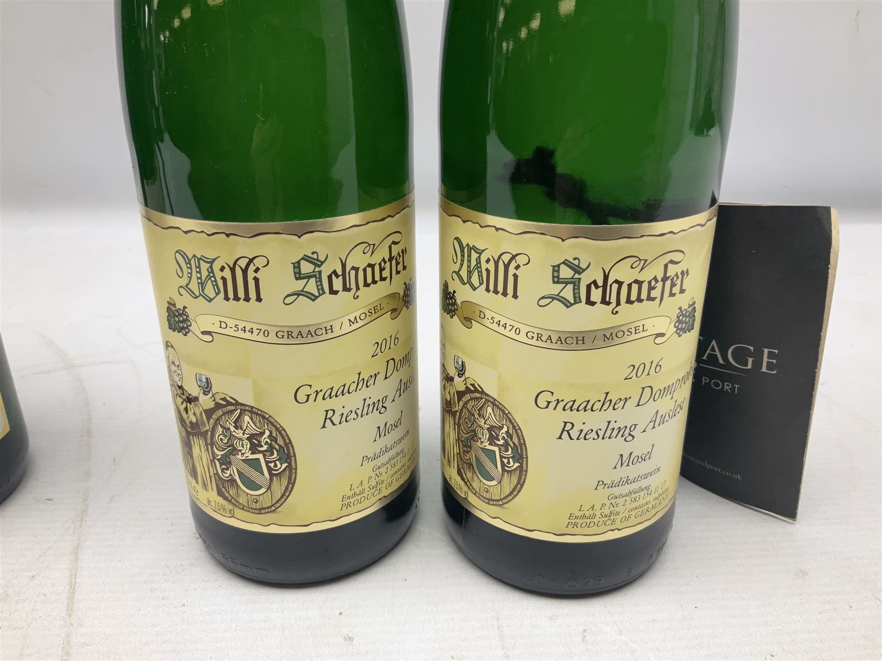 Willi Schaefer, 2016, Graacher Domprobst Riesling Auslese, 750ml, 7.5% vol, two bottles, and Fritz Haag, 2014, Brauneberger Juffer Sonnenuhr, 750ml, 7.5% vol, two bottles 