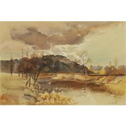 Louis Burleigh Bruhl (British 1861-1942): 'Dinedor on the Wye', watercolour signed with initials 16cm x 23cm
