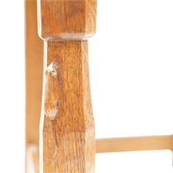 Mouseman - 1940s oak side chair, the slat-back over a slung leather seat, raised on octagonal front supports united by box stretcher, carved with slim mouse signature, by the workshop of Robert Thompson of Kilburn