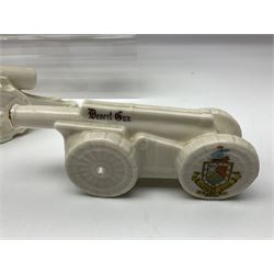 Ten WW1 crested china military models of tanks and field guns; various makers including Goss, Grafton China, Arcadian China, Savoy China etc; various crests including Portsmouth, Brighton, Pendleton, Paignton, Cowes, Flamborough etc (10)