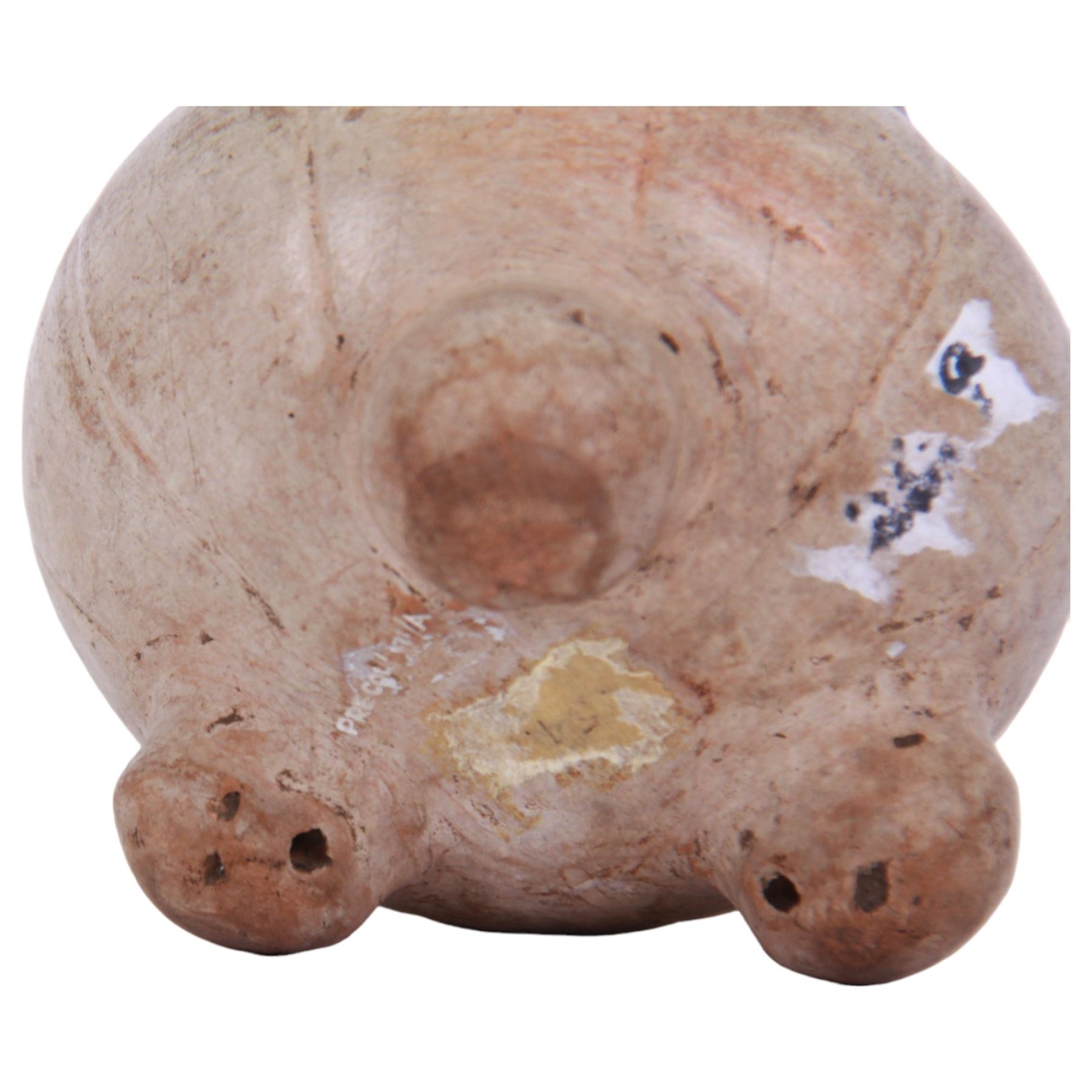 Maya pottery tetrapod bowl or jar, the cream glazed body of part ribbed bulbous form with short neck, upon three short feet, H10cm

With accompanying collectors note detailed 'Maya musical bowl, exceedingly rare cream glaze. Pre-Classic period Circa 400 AD.'