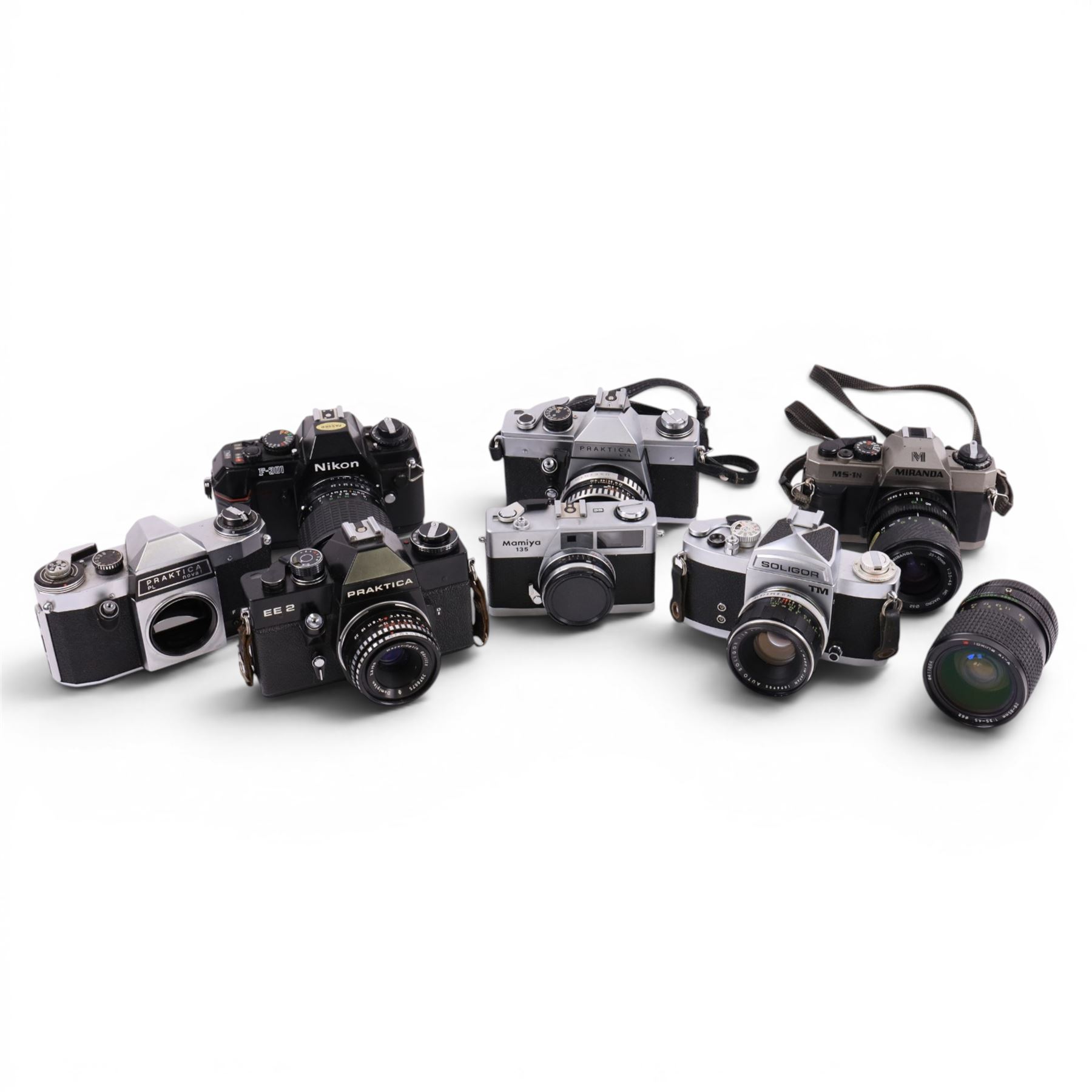 Collection of cameras, including Nikon F-301, Mamiya 135, Praktica LTL, Miranda M5-1N, Soligor TM, etc, with Sigma Zoom Master 1:2.8-4, f=35-70mm lens, Tokina 28-85mm 1:3.5-4.5 lens, etc