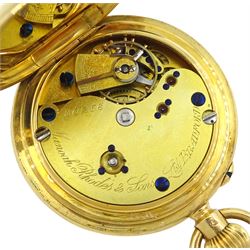 Edwardian 18ct gold half hunter keyless lever fob watch by Manoah Rhodes & Sons Ltd, No. 30256, white enamel dial with Roman numerals, back case engraved with monogrammed initials, case makers mark G B, London 1903, in fitted velvet and silk lined case