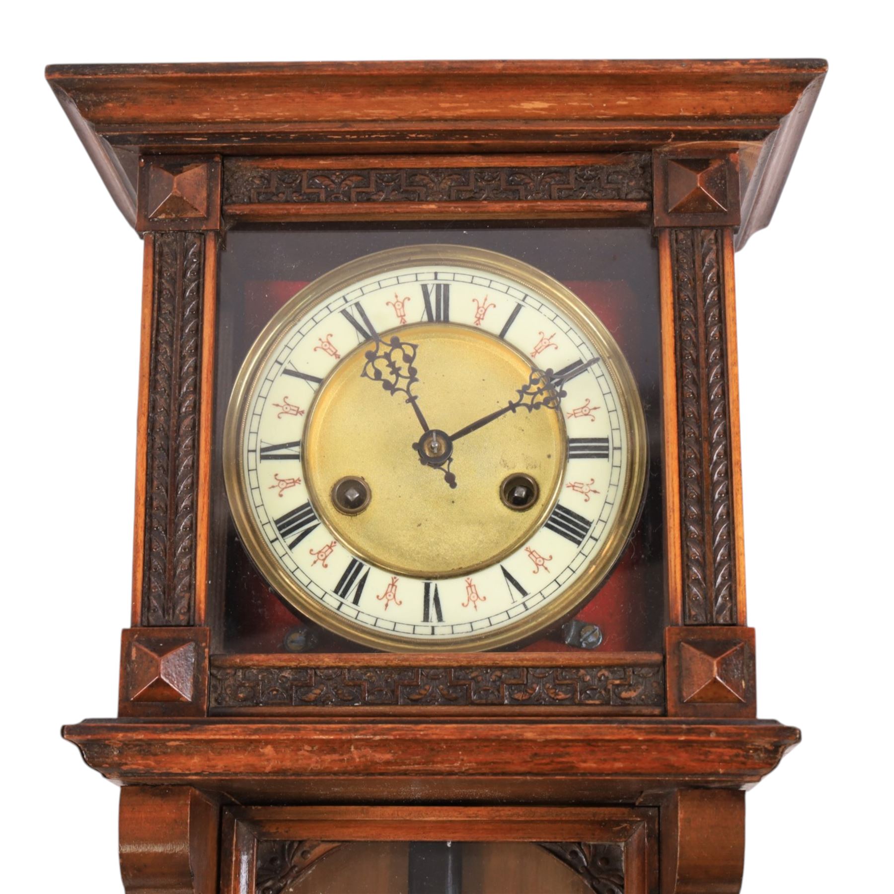 Brass carriage clock, engine turned masked dial with beveled glass sides, together with another clock 
