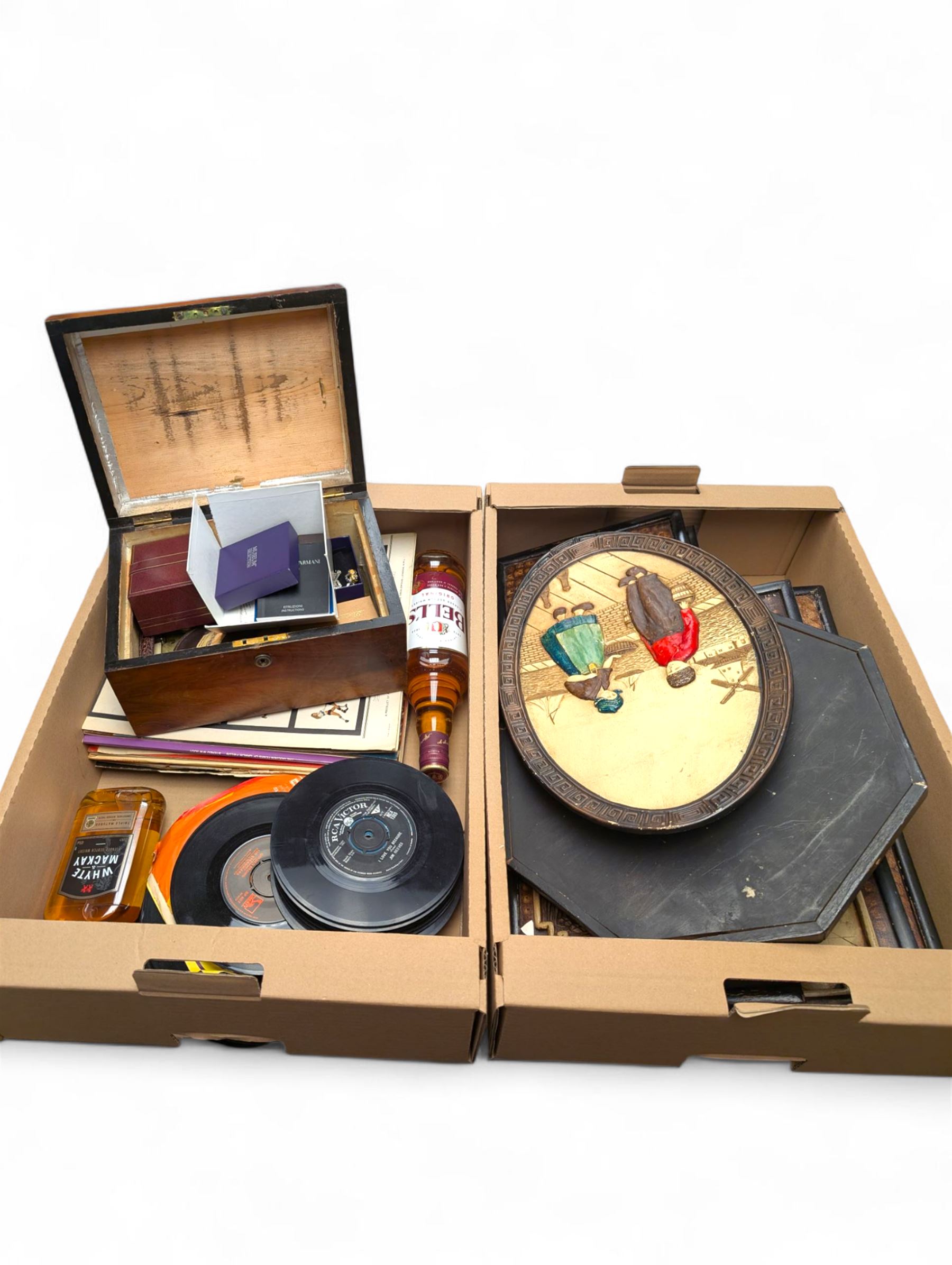 Giorgio Armani wristwatch, Whyte & Mackay blended scotch whisky, Bell's Blended scotch whisky, Chinese carved panels and a collection of vinyl records