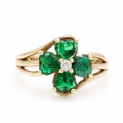 9ct gold green and white paste stone, four leaf clover cluster ring, hallmarked