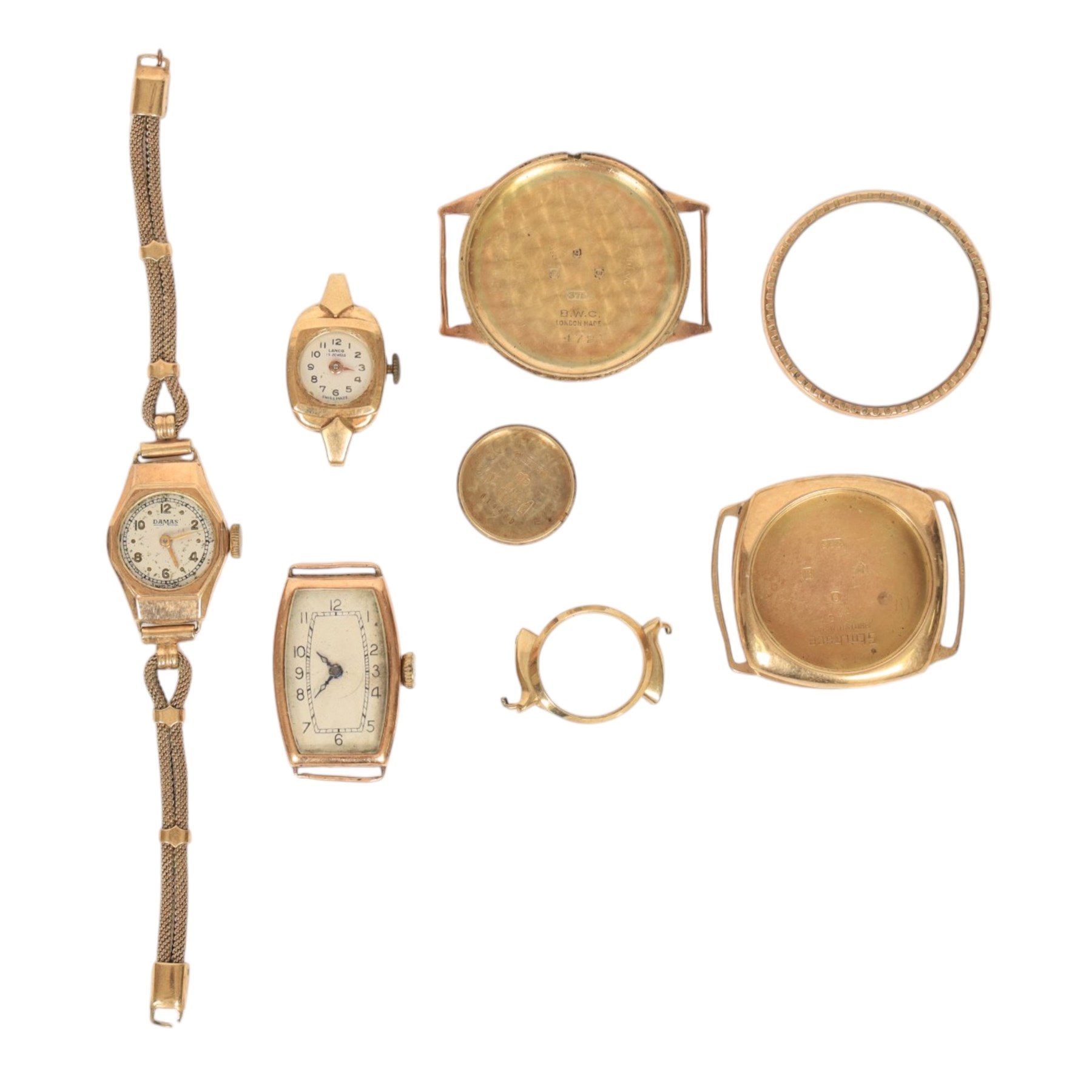 Collection of 9ct gold wristwatch cases, three with movements, one with 9ct gold bracelet strap