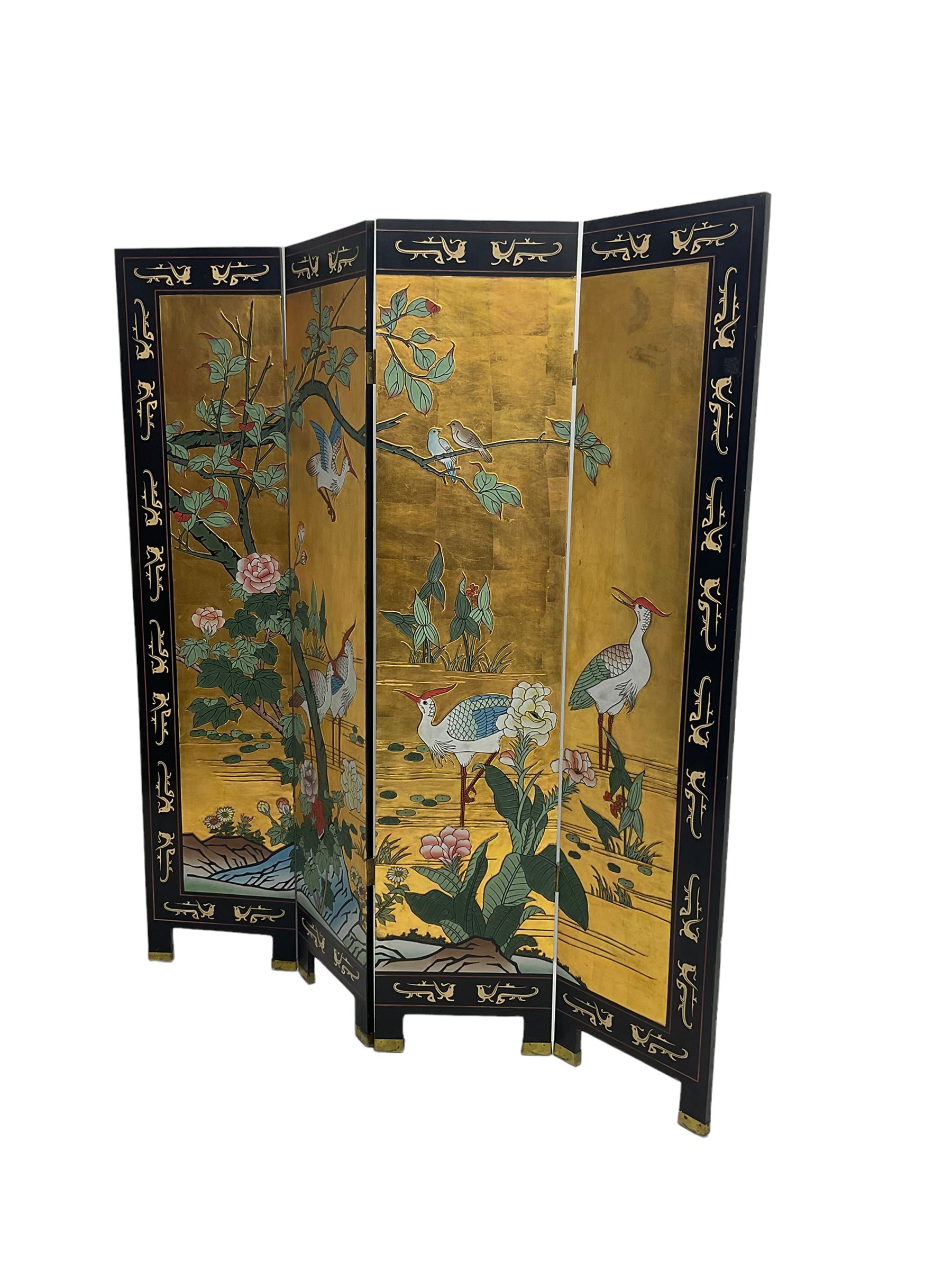 Chinese four panel folding screen, black lacquered with painted decoration