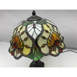 Tiffany style table lamp, with foliate leaded glass shade, H50cm