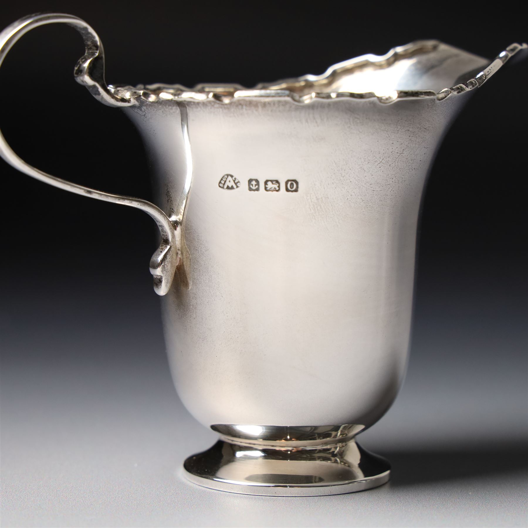 Silver sugar bowl and matching cream jug with crimped rims Birmingham 1938 Maker Adie Bros.