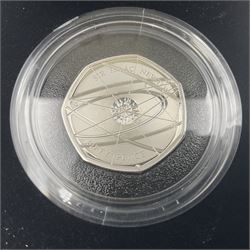 Three The Royal Mint United Kingdom silver proof piedfort fifty pence coins, comprising 2017 'Sir Isaac Newton', 2019 'A Celebration of Sherlock Holmes' and 'Celebrating the Life of Stephen Hawking', all cased with certificates 