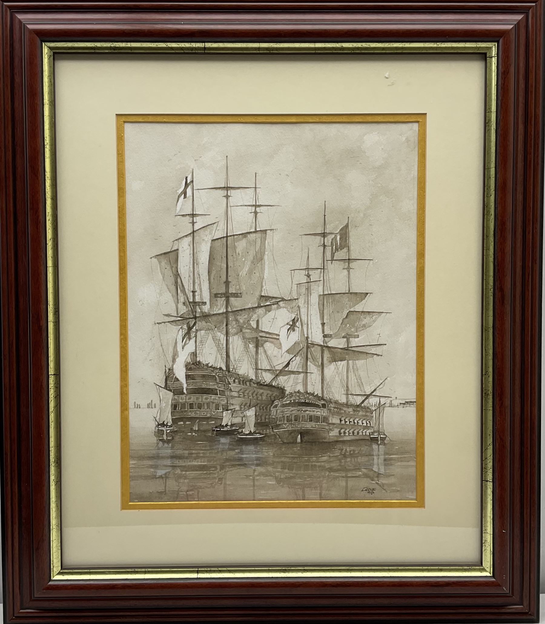 Ron Cooke (British 20th century): English Men o War at Anchor, sepia watercolour signed and dated '98, 44cm x 34cm