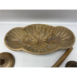 Carved wooden mould, together with two carved wooden butter/pastry presses, pastry wheel and a turned wooden ladle