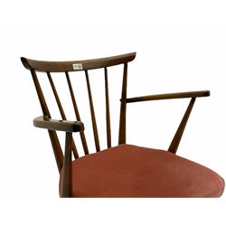 1950s beech armchair, spindle back with upholstered seat on tapering supports