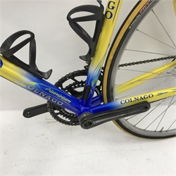 Colnago Dream aluminium time trial bike - Colnago steel forks, Campagnolo chorus carbon seat post with Campagnolo clamp, Mavic open pro rims with Campagnolo chorus hubs DT Swiss spokes, Selle Italia carbonio saddle, Campagnolo centaur skeleton calliper brakes, Campagnolo chorus ultra-torque cracks and bottom bracket with rotor elliptical chain rings, Campagnolo record derailleurs, Campagnolo record carbon levers, 12cm ITM aluminium stem, Oval Concept aluminium bars