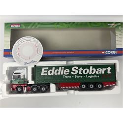 Corgi Eddie Stobart - three limited edition lorries; two Hauliers of Renown - CC13415 MAN TGA XXL Curtainside and CC14002 Volvo FH Curtainside; and  CC12607 Scammell Crusader Tautliner; all boxed (3)