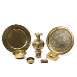 Collection of brassware, including a Cairoware platter and small vase, an Indian box and v...