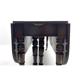 George III mahogany extending dining table, pull out concertina action, raised on eight collar turned supports with brass cups and castors