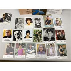 1949 England cricket team signatures including Hutton, Compton, Edrich, Laker etc on loose album page; and large quantity of other autographs of predominantly TV Soap Opera stars from Last of the Summer Wine, Eastenders, Emmerdale, Coronation Street, Heartbeat etc and other TV/Film personalities; on promotional photographs and clipped fragments of paper etc